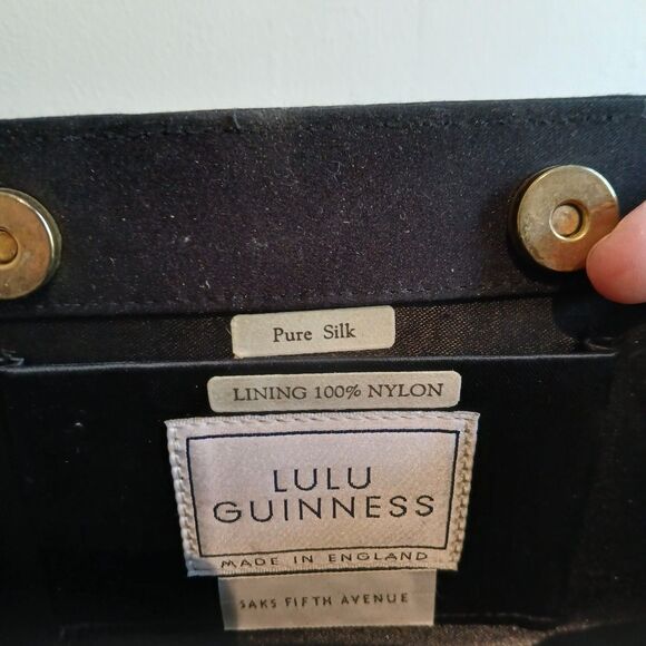 Lulu Guinness Silk Clutch Black Magnetic Closure Embellished 5"x10.5" Evening - Picture 4 of 7